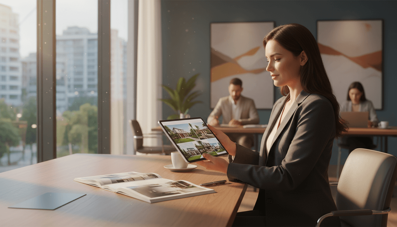 Real estate agent reviewing premium listing media on tablet in modern office