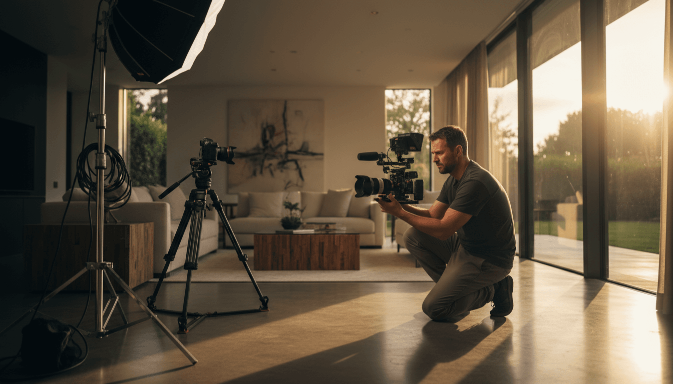 Professional real estate videographer capturing a luxury home interior with premium lighting and equipment